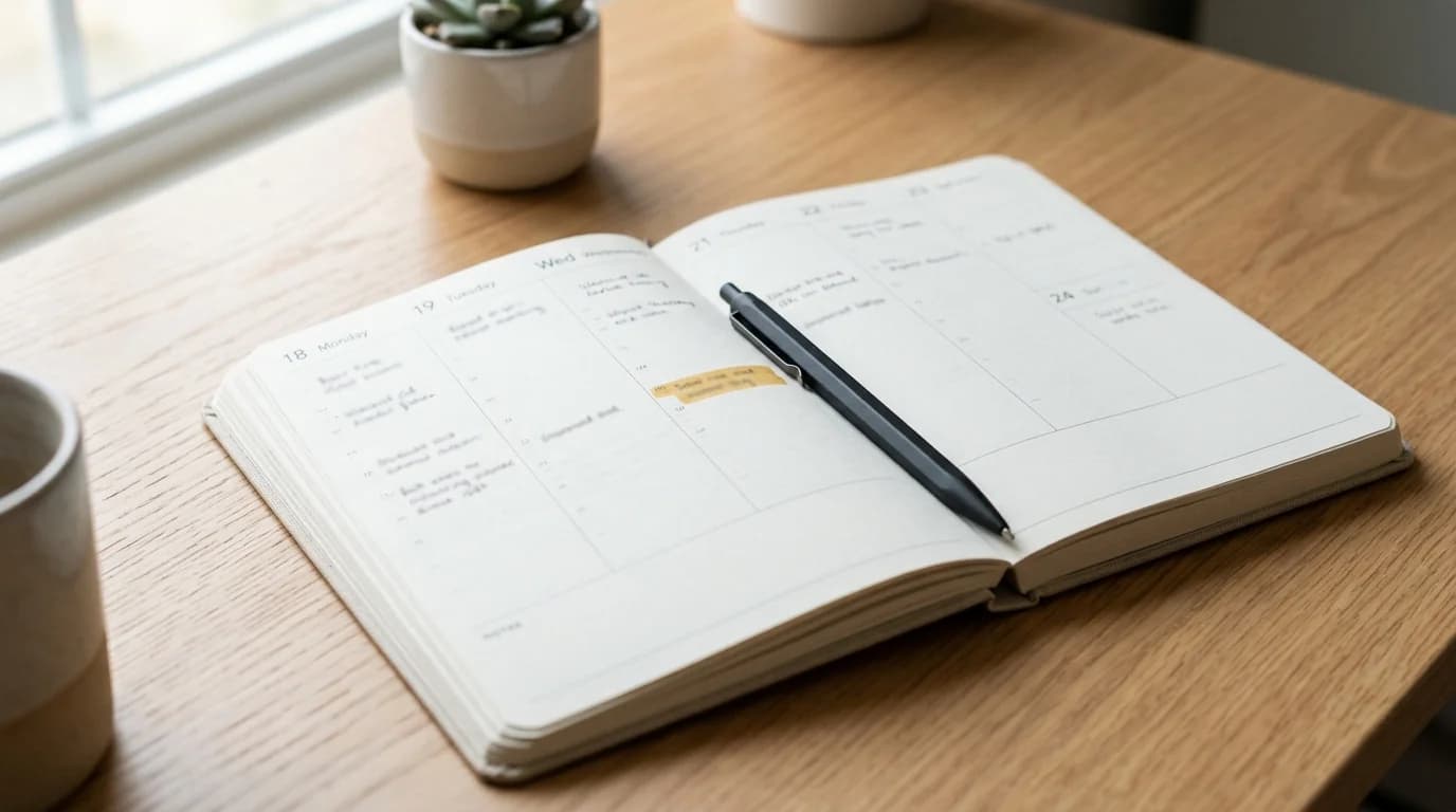 Agenda ouvert avec un créneau hebdomadaire bloqué, stylo posé dessus, fond bois clair