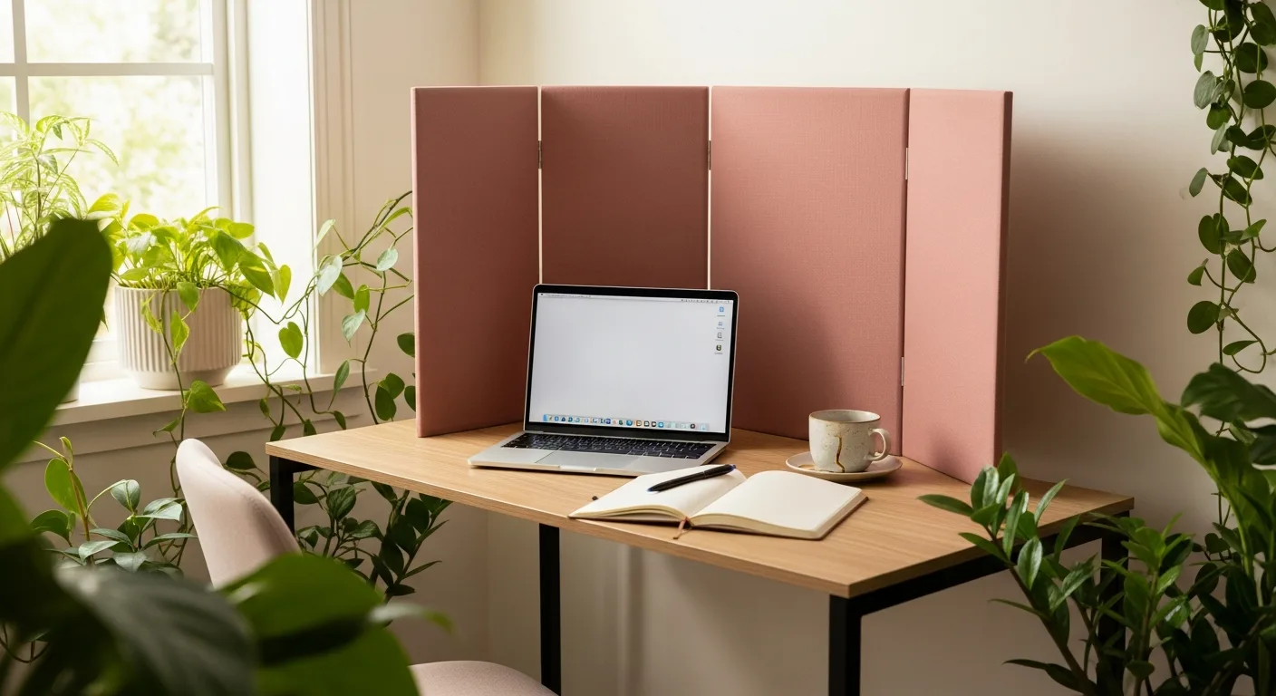Petit bureau d'entrepreneuse aménagé dans un coin de salon avec paravent rose pâle, ordinateur et carnet — gardé intact malgré l'arrivée du bébé